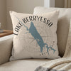 Pillow with map and compass graphic of Lake Berryessa, California.