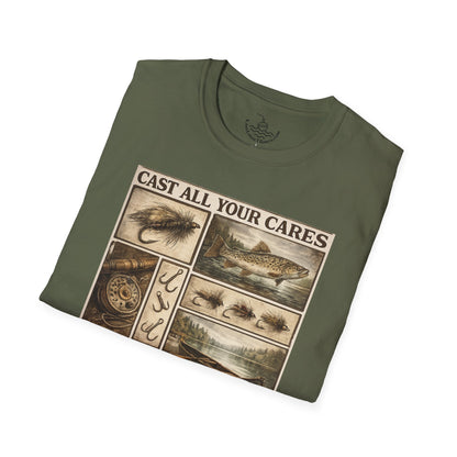 Fly Fishing Cast All Your Cares Upon the Lord Scripture T-Shirt | 1 Peter 5:7 Bible Verse for Fisherman, Father's Day