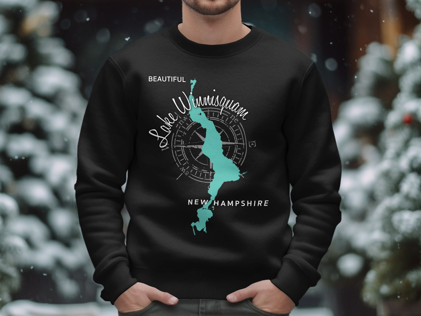 Black sweatshirt with "Beautiful Lake Winnipesaukee New Hampshire" text and map graphic.