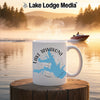 White mug with "Lake Tawakoni Texas" map design on a waterfront background.
