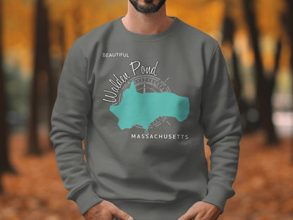 Gray sweatshirt featuring "Beautiful Walden Pond Massachusetts" text and a map outline.