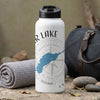 White water bottle with a blue lake map and compass graphic.