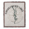 Woven blanket with "Candlewood Lake Connecticut" text and a compass rose map.