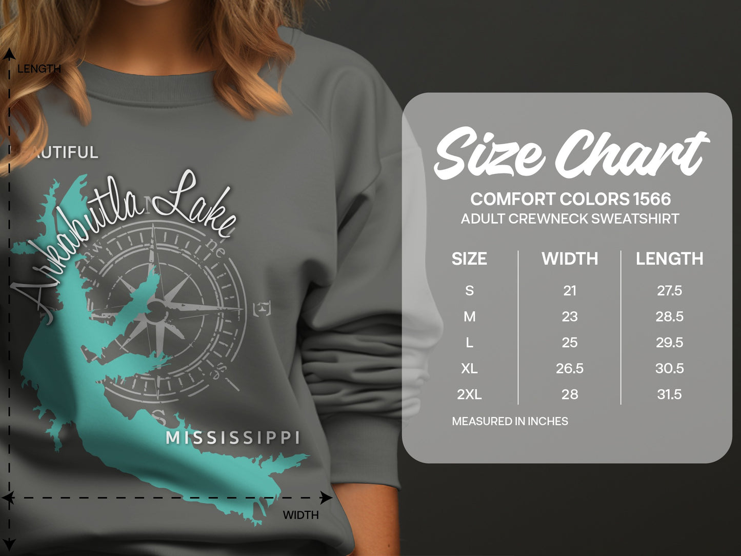 Crewneck sweatshirt size chart showing measurements for Comfort Colors 1566 in inches.