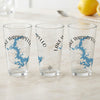 Three clear glasses featuring a blue outline of Lake Wappapello, Missouri.