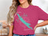 Pink t-shirt featuring a turquoise map of Lacamas Lake, Washington.