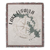 Woven throw with Lake Eufaula map, compass rose, and "Oklahoma" text.
