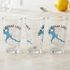 Three clear glasses with blue lake maps and compass roses, reading "Pokegama Lake" and "Minnesota".