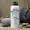 White water bottle with "SONOMA" text and blue geographic map over compass rose.