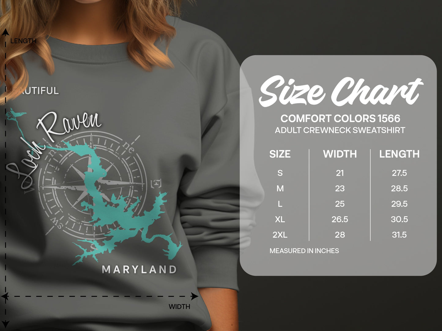 Adult crewneck sweatshirt size chart for Lock Raven Maryland, measured in inches.