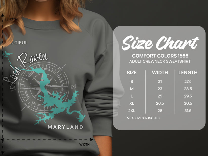 Adult crewneck sweatshirt size chart for Lock Raven Maryland, measured in inches.