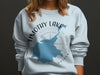 Light blue crewneck sweatshirt with Timothy Lake Oregon map and compass graphic.