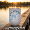 A white stainless steel wine tumbler featuring a blue map graphic of Logan Martin Lake, Alabama.