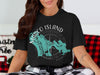 Black t-shirt with a teal Marco Island map and compass design, 
"MARCO ISLAND FLORIDA" text.