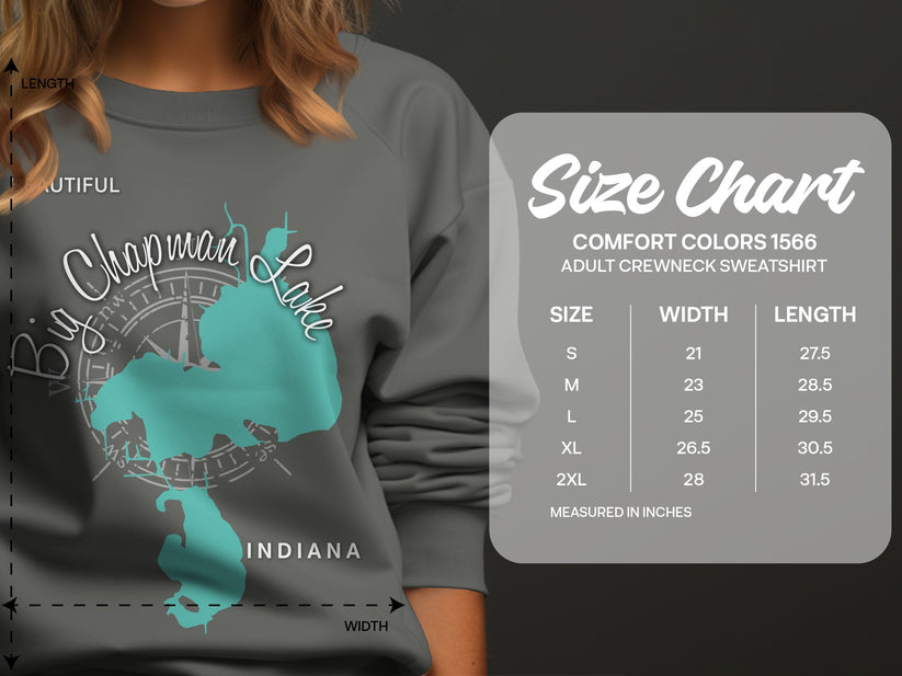 Crewneck sweatshirt size chart showing measurements for Comfort Colors 1566.