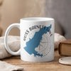 White mug with blue outline map of Ross Barnett Lake and Mississippi.