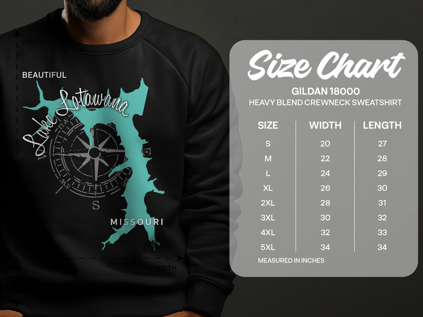 Lake Lotawana Missouri sweatshirt size chart with dimensions in inches.