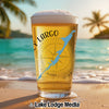 Beer glass with Largo, Florida map on beach with palm trees and ocean.