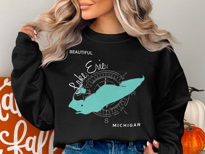 Black crewneck sweatshirt featuring a teal map of Lake Erie with compass rose.