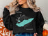 Black crewneck sweatshirt featuring a teal map of Lake Erie with compass rose.