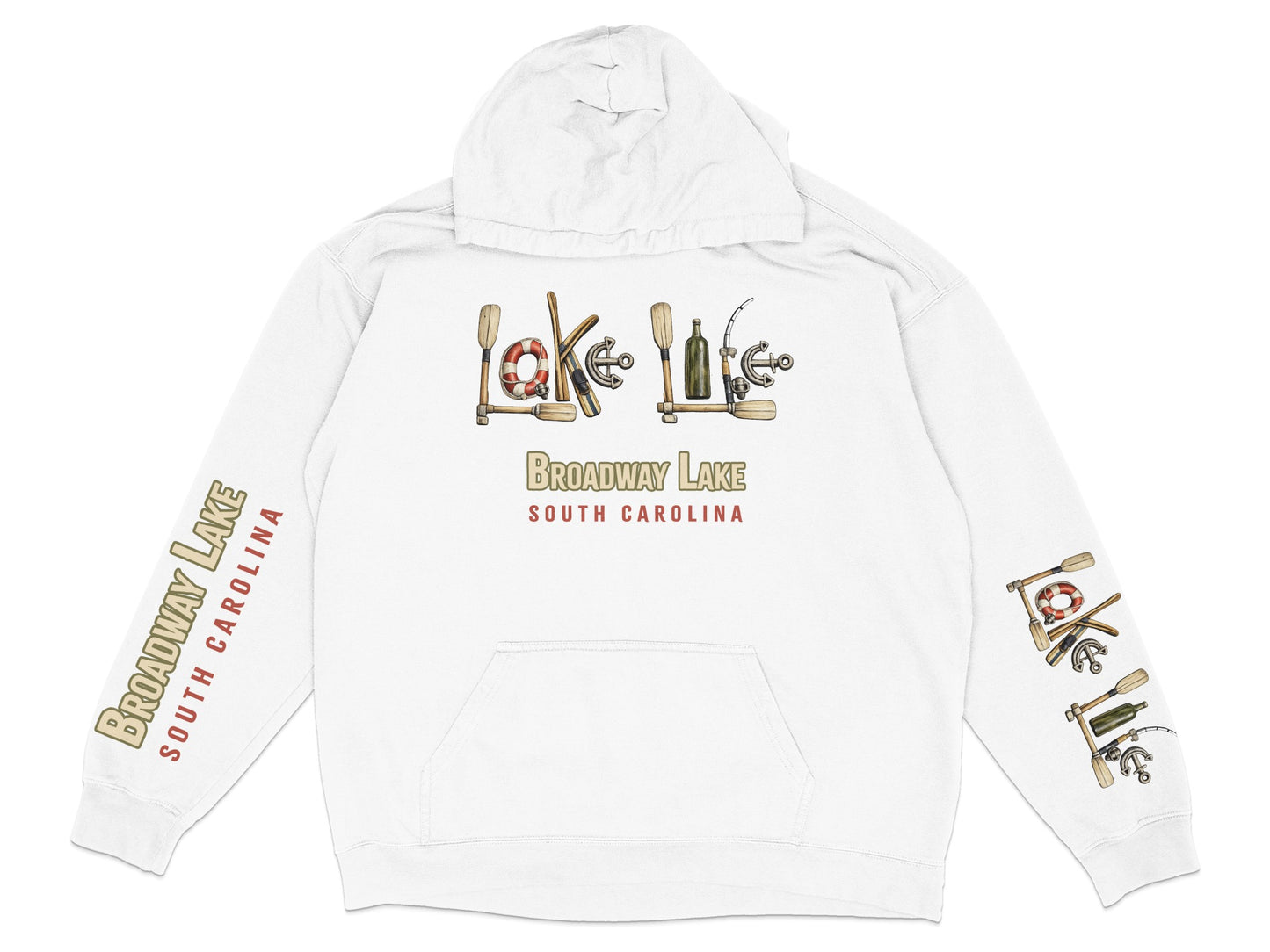 White hoodie with "Lake Life" graphic and "Broadway Lake South Carolina" text.