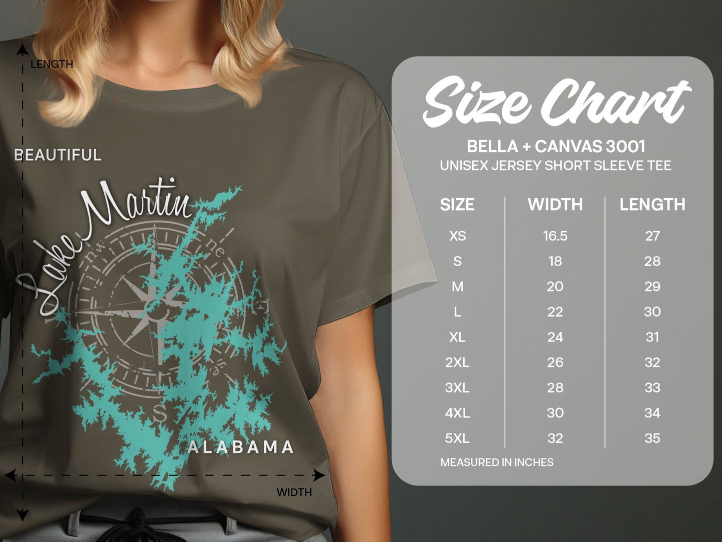 T-shirt with Lake Martin Alabama map graphic and size chart.