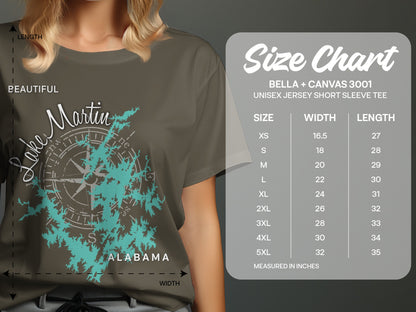 T-shirt with Lake Martin Alabama map graphic and size chart.