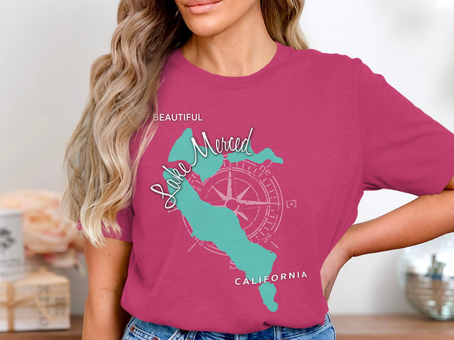 Merced Lake California map design with compass rose on a pink t-shirt.
