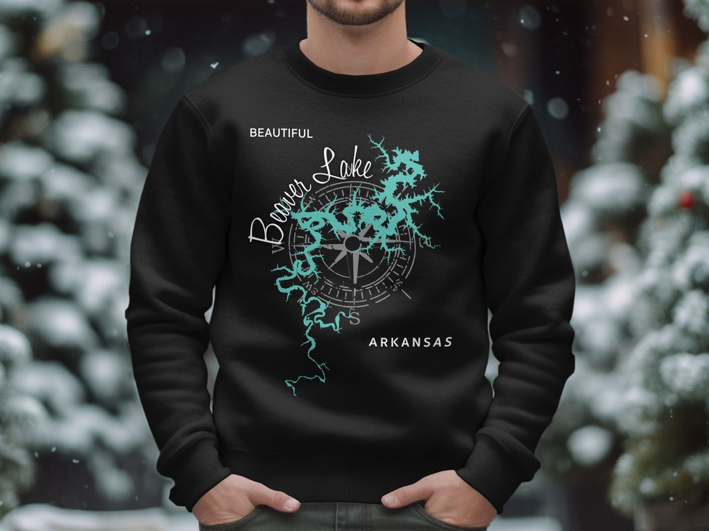 Black sweatshirt with "Beautiful Beaver Lake Arkansas" and compass graphic.