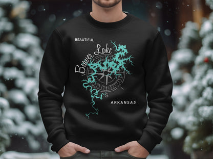 Black sweatshirt with "Beautiful Beaver Lake Arkansas" and compass graphic.