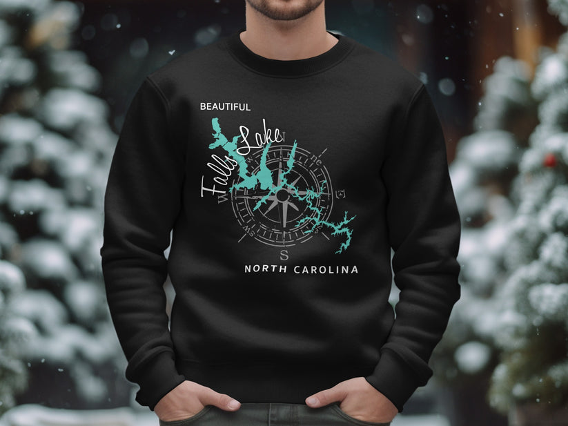 Black sweatshirt with a teal map and compass design for Falls Lake, North Carolina.