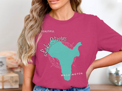 Pink t-shirt with map of Lake Stevens, Washington and compass rose graphic.