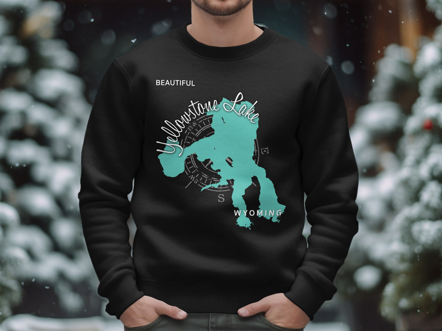 Black sweatshirt with teal Yellowstone Lake map graphic and compass rose.