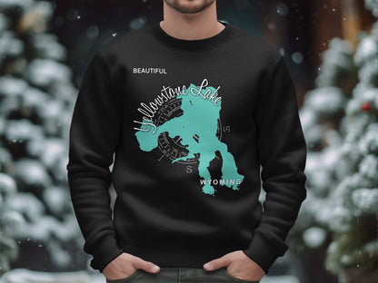 Black sweatshirt with teal Yellowstone Lake map graphic and compass rose.