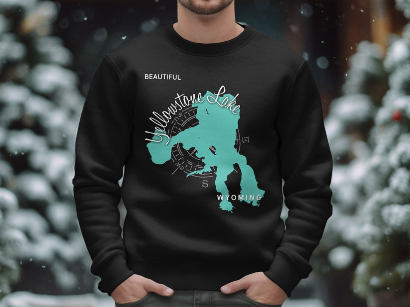 Black sweatshirt with teal Yellowstone Lake map graphic and compass rose.