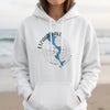 White hoodie with Lizard Lake Minnesota map and compass graphic.