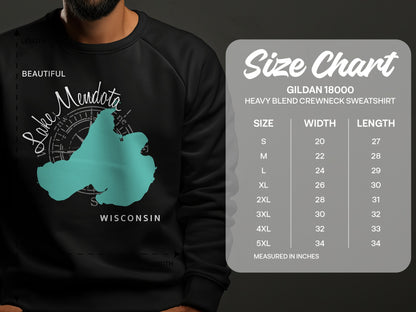 Gildan 18000 sweatshirt size chart showing dimensions in inches.