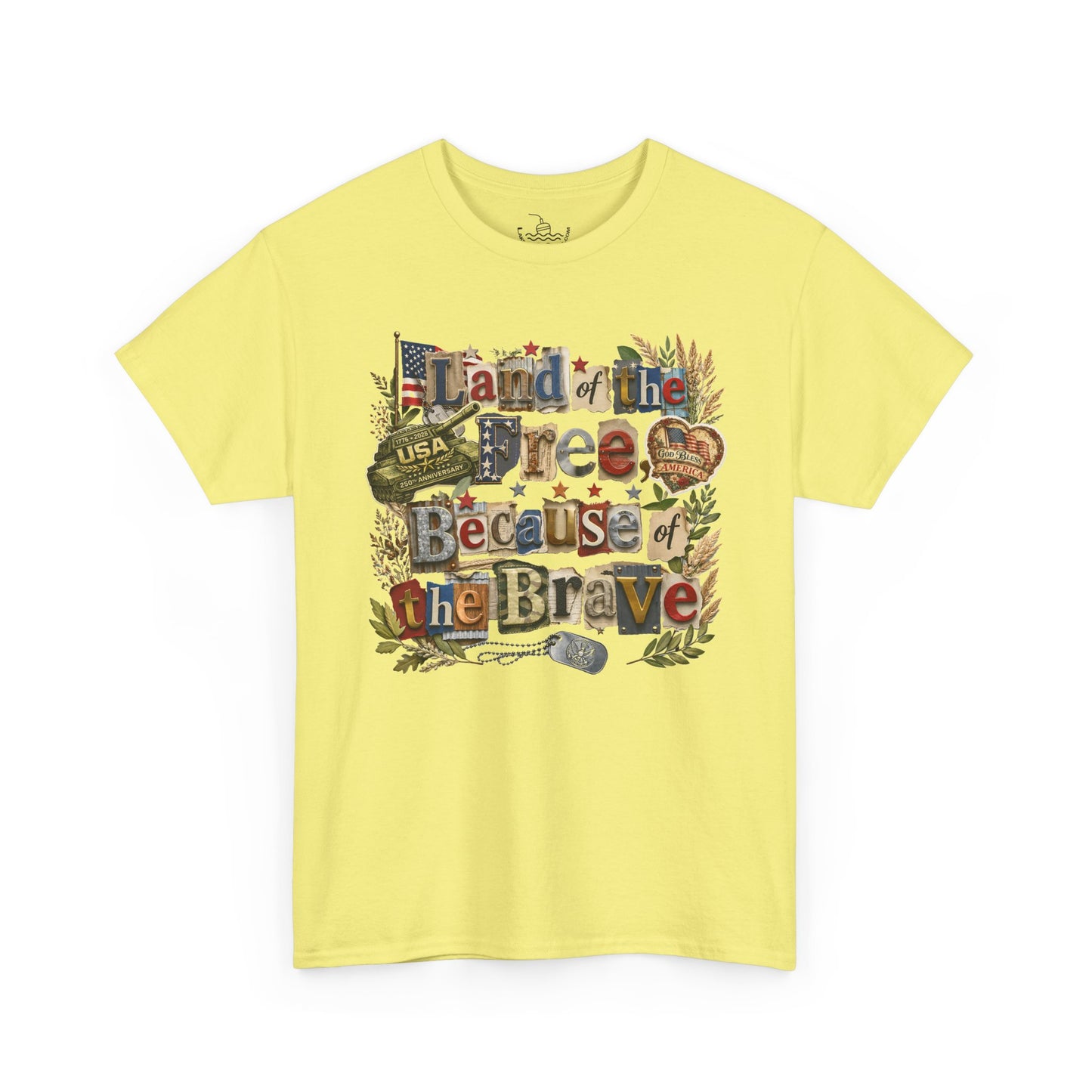 USA 250th Anniversary Land of the Free Because of the Brave T-Shirt | Patriotic Fourth of July Scrapbook Collage Design