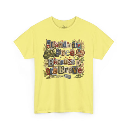 USA 250th Anniversary Land of the Free Because of the Brave T-Shirt | Patriotic Fourth of July Scrapbook Collage Design