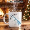 White mug with Lake Anna Virginia map and compass design, steaming coffee splash.