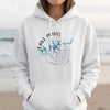 White hoodie with Lake Powell, Utah map and compass graphic.