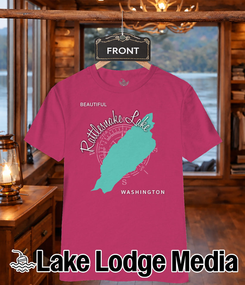Rattlesnake Lake Washington t-shirt with compass rose on dark pink fabric.