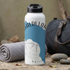 White water bottle with "BALDI LAKE" and compass design, next to gym bag.