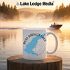 White mug with "Ross Barnett Lake" map and compass design, steaming hot.