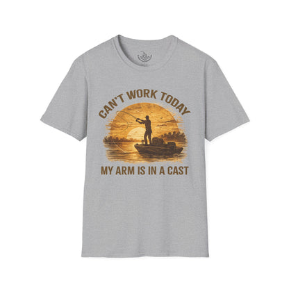 Can't Work Today My Arm Is In A Cast T-Shirt | Funny Fishing Shirt Sunset Design Gift for Anglers and Fisherman
