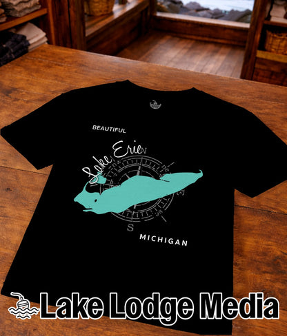Black t-shirt featuring a teal map of Lake Erie with compass rose and "Beautiful Lake Erie Michigan" text.