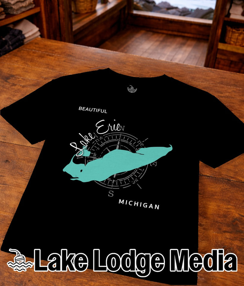 Black t-shirt featuring a teal map of Lake Erie with compass rose and "Beautiful Lake Erie Michigan" text.