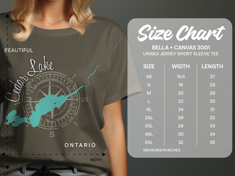 Bella + Canvas 3001 size chart for unisex t-shirts with measurements.