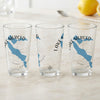 Three clear glasses display a blue map of Lake Merced, California, with compass rose detail.