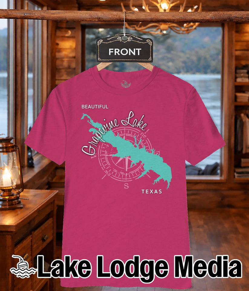 Grapevine Lake Texas map on a pink t-shirt, Lake Lodge Media logo.